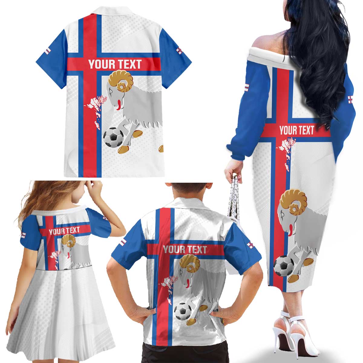 Custom Faroe Islands Football Family Matching Off The Shoulder Long Sleeve Dress and Hawaiian Shirt Coat Of Arms Flag Style
