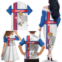 Custom Faroe Islands Football Family Matching Off The Shoulder Long Sleeve Dress and Hawaiian Shirt Coat Of Arms Flag Style