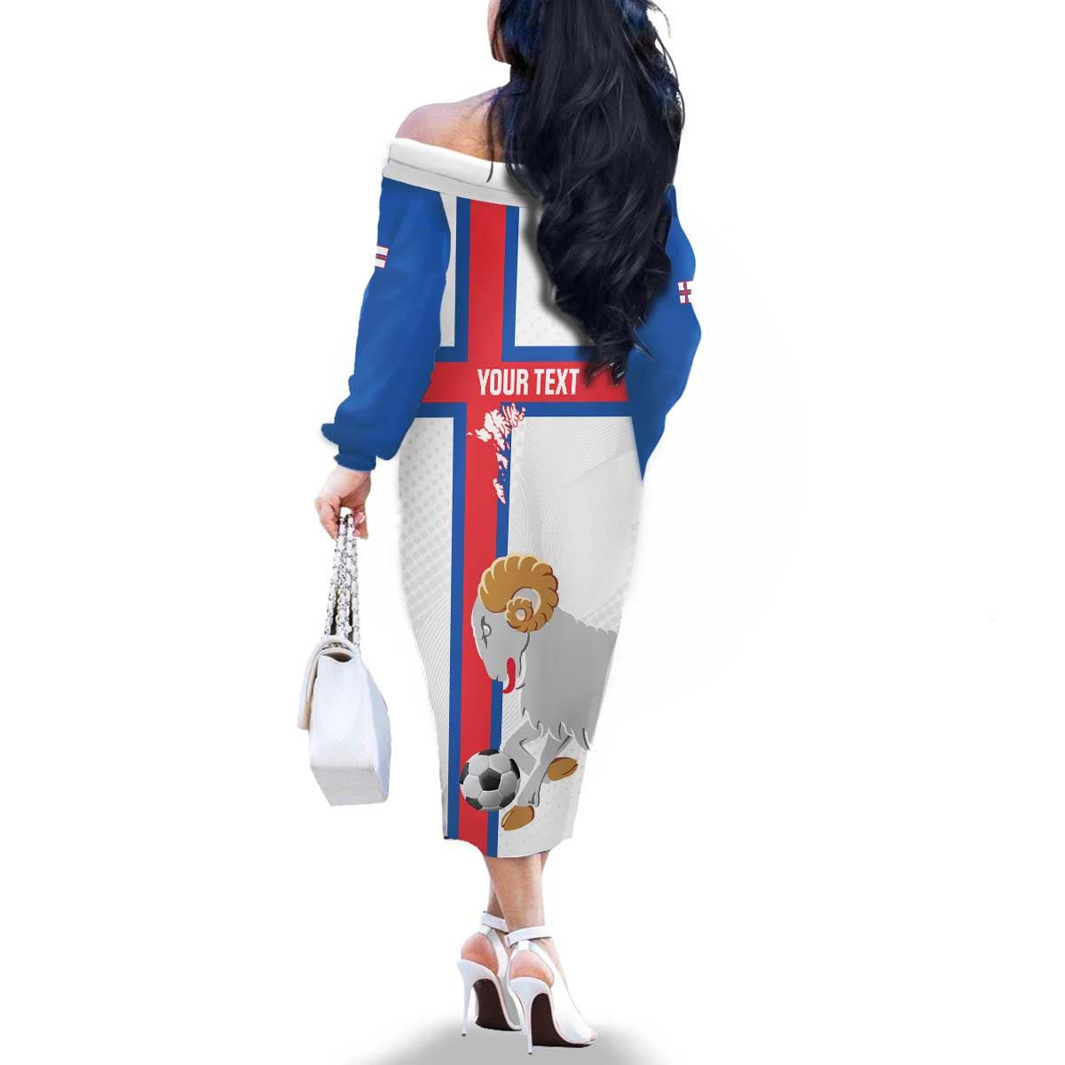 Custom Faroe Islands Football Family Matching Off The Shoulder Long Sleeve Dress and Hawaiian Shirt Coat Of Arms Flag Style