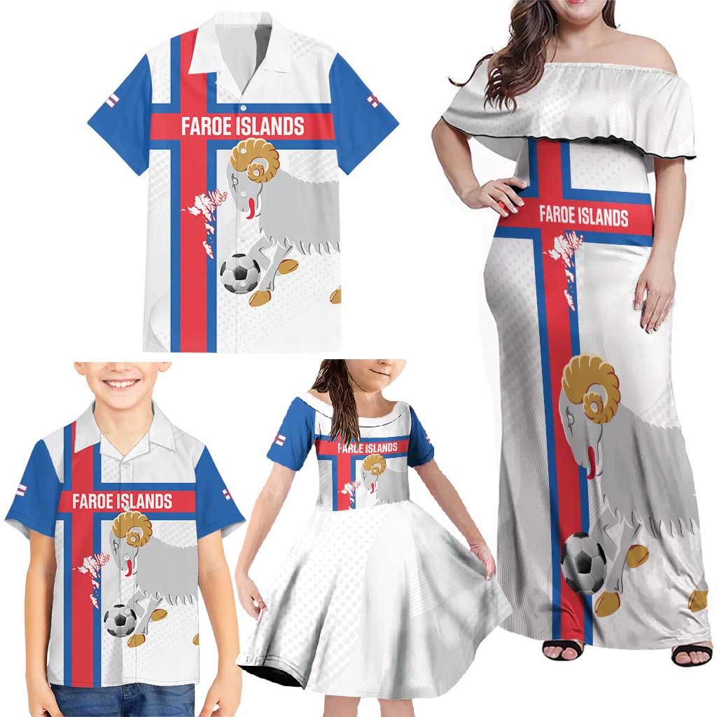 Custom Faroe Islands Football Family Matching Off Shoulder Maxi Dress and Hawaiian Shirt Coat Of Arms Flag Style