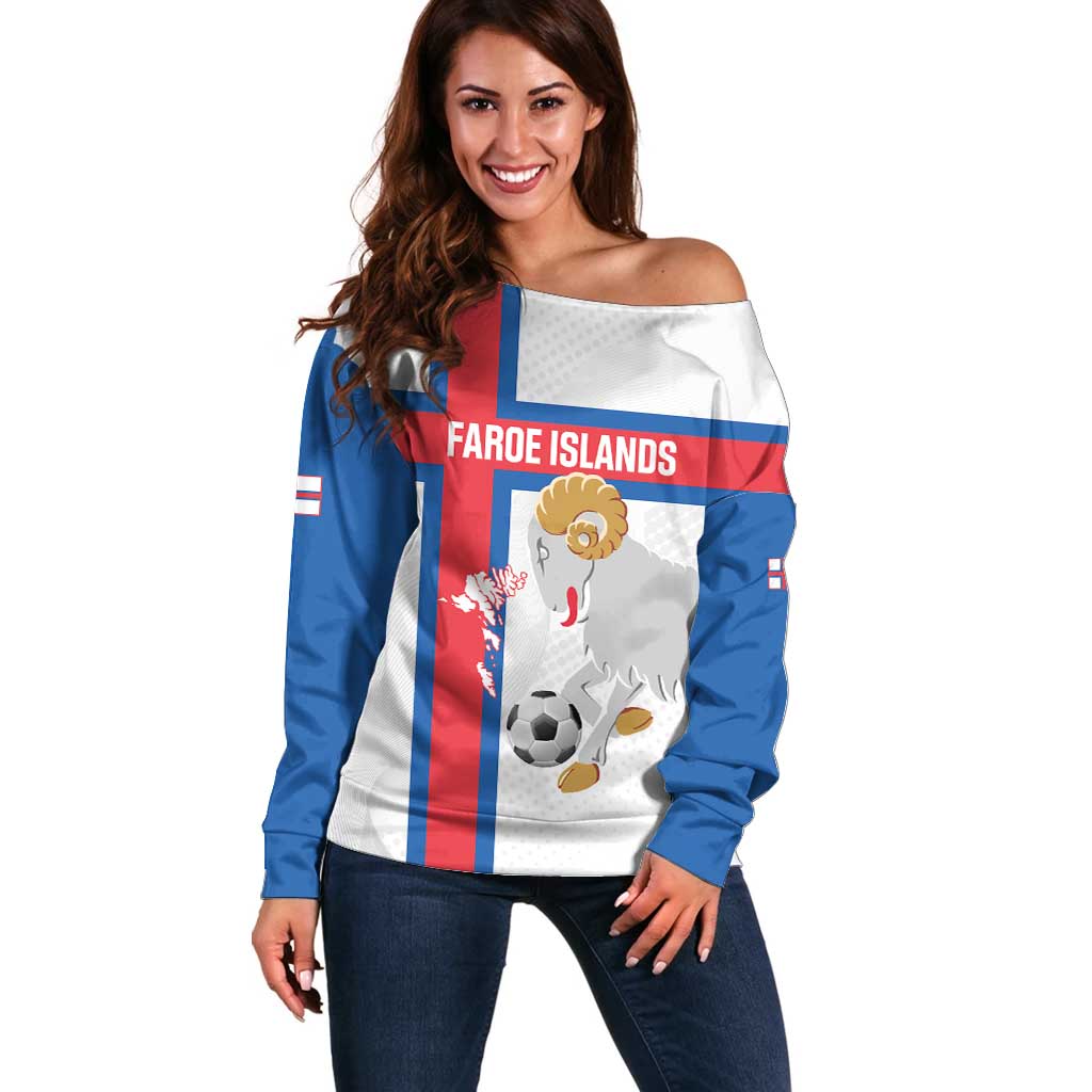 Custom Faroe Islands Football Off Shoulder Sweater Coat Of Arms Flag Style