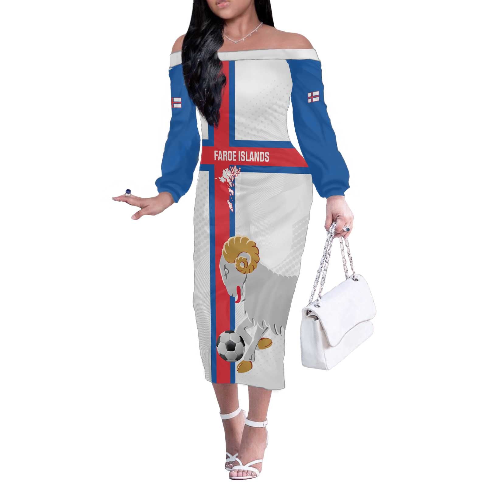 Custom Faroe Islands Football Off The Shoulder Long Sleeve Dress Coat Of Arms Flag Style