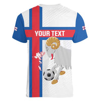 Custom Faroe Islands Football Women V-Neck T-Shirt Coat Of Arms Flag Style