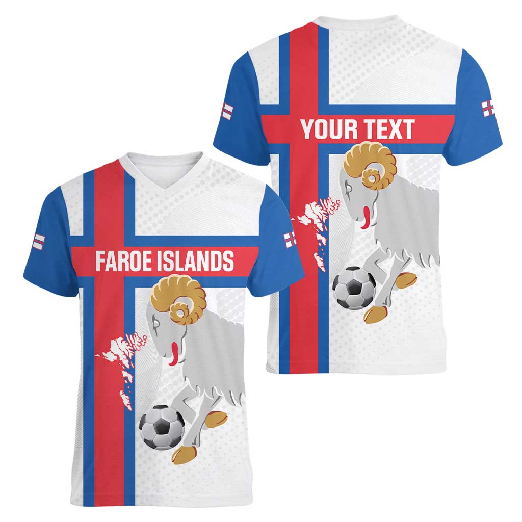 Custom Faroe Islands Football Women V-Neck T-Shirt Coat Of Arms Flag Style