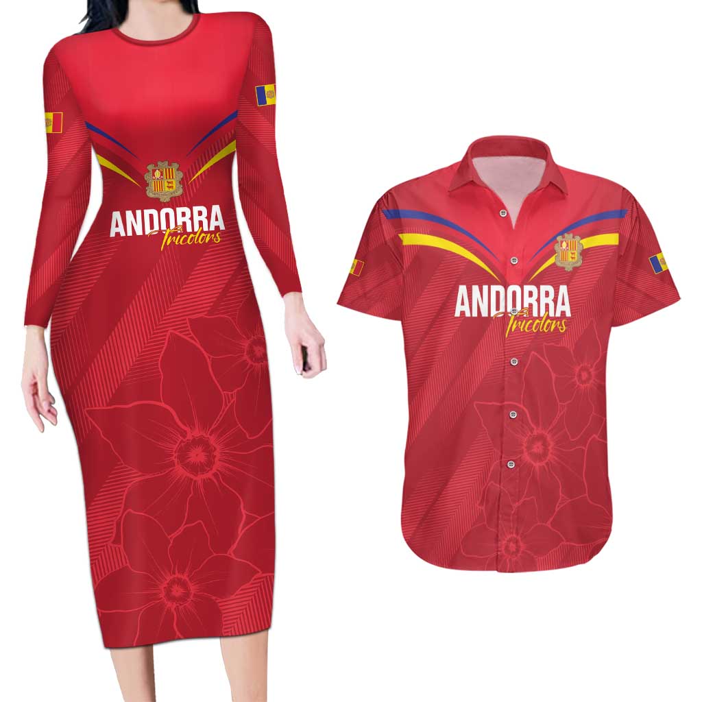 Custom Andorra Football Couples Matching Long Sleeve Bodycon Dress and Hawaiian Shirt Come On Tricolors Poet's Narcissus