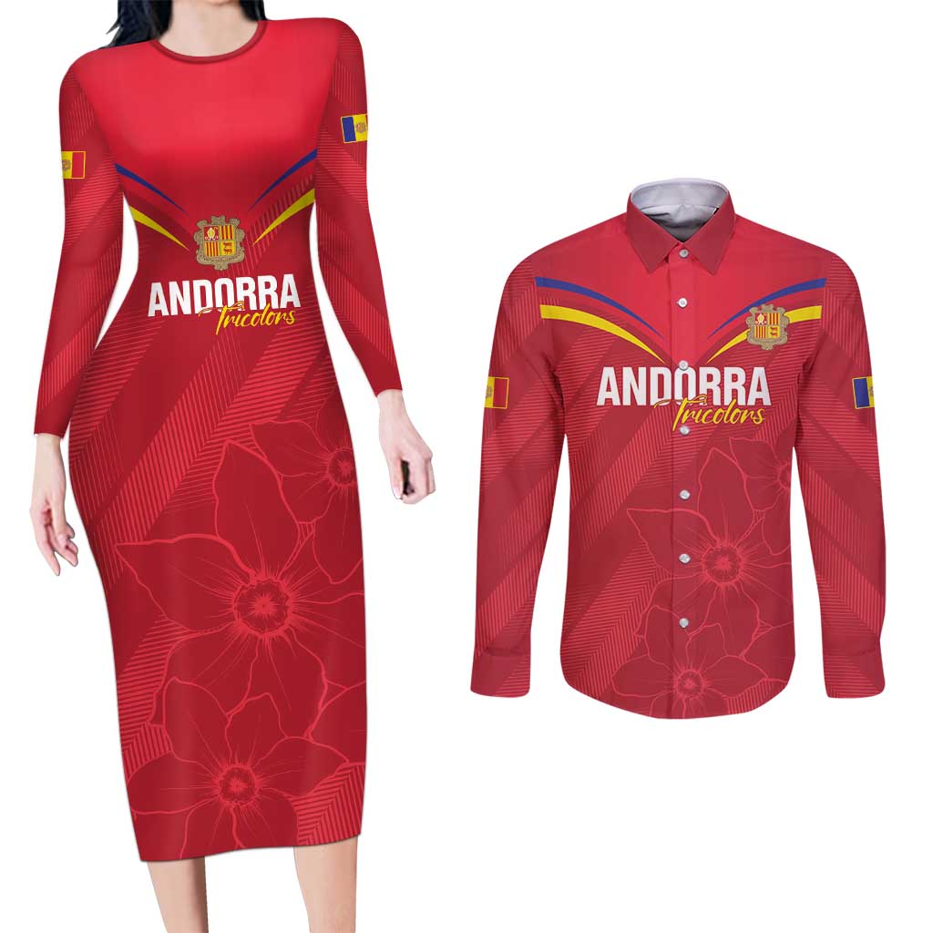 Custom Andorra Football Couples Matching Long Sleeve Bodycon Dress and Long Sleeve Button Shirt Come On Tricolors Poet's Narcissus