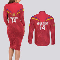 Custom Andorra Football Couples Matching Long Sleeve Bodycon Dress and Long Sleeve Button Shirt Come On Tricolors Poet's Narcissus