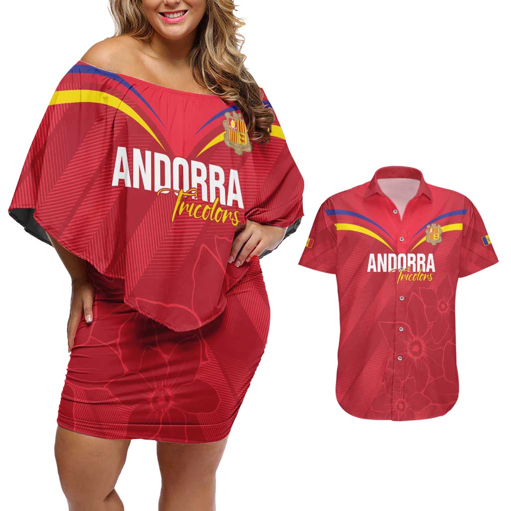 Custom Andorra Football Couples Matching Off Shoulder Short Dress and Hawaiian Shirt Come On Tricolors Poet's Narcissus