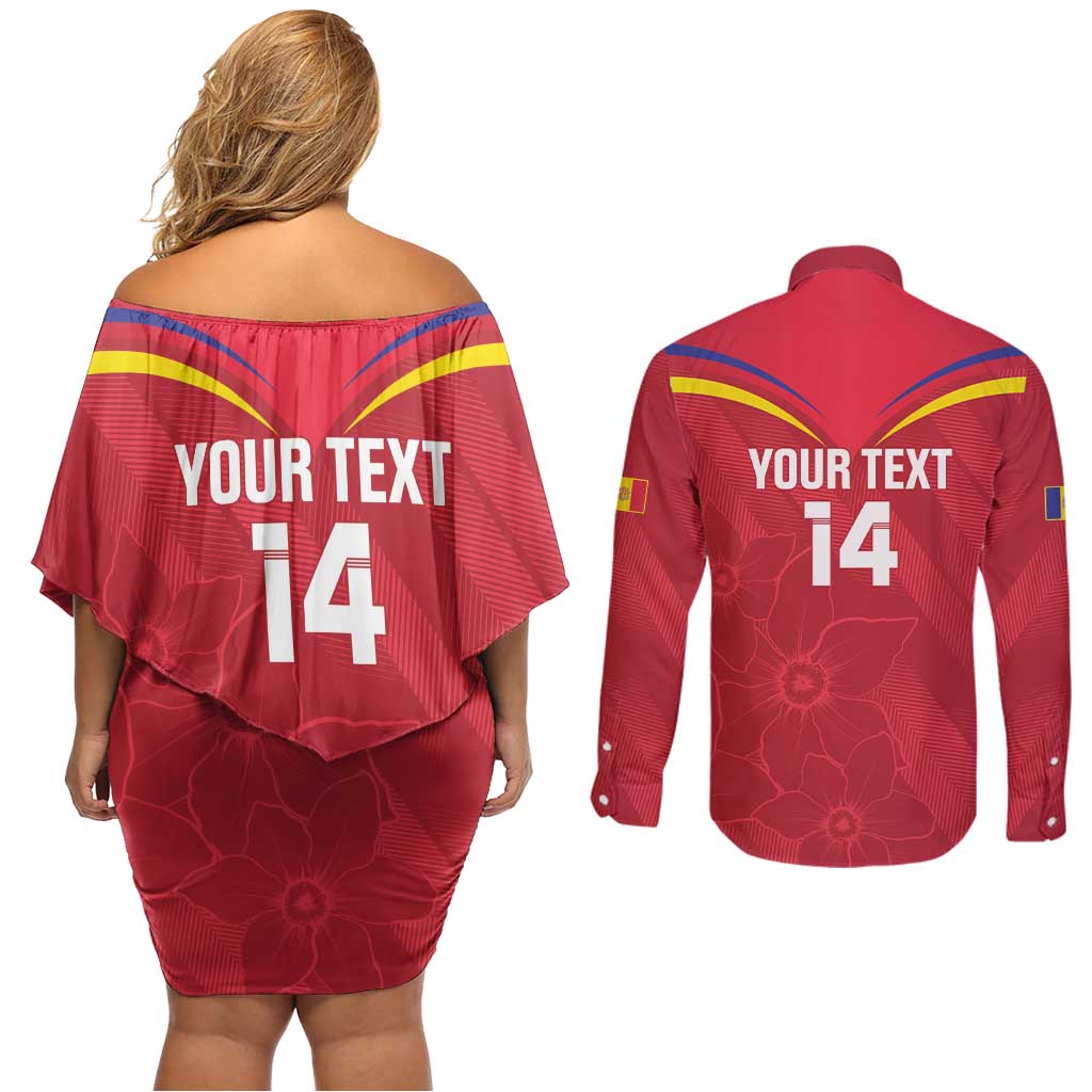 Custom Andorra Football Couples Matching Off Shoulder Short Dress and Long Sleeve Button Shirt Come On Tricolors Poet's Narcissus