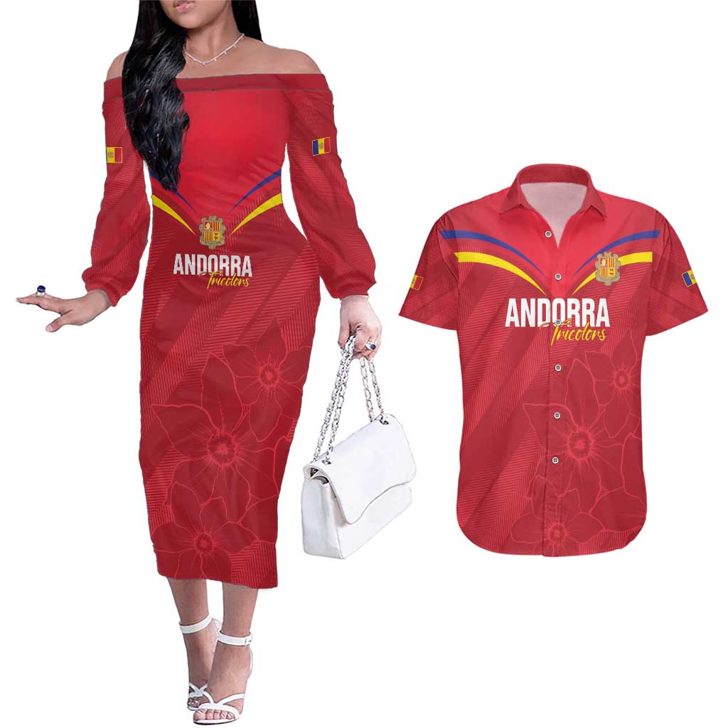 Custom Andorra Football Couples Matching Off The Shoulder Long Sleeve Dress and Hawaiian Shirt Come On Tricolors Poet's Narcissus