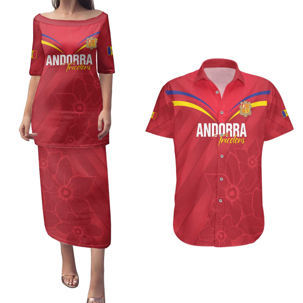 Custom Andorra Football Couples Matching Puletasi and Hawaiian Shirt Come On Tricolors Poet's Narcissus