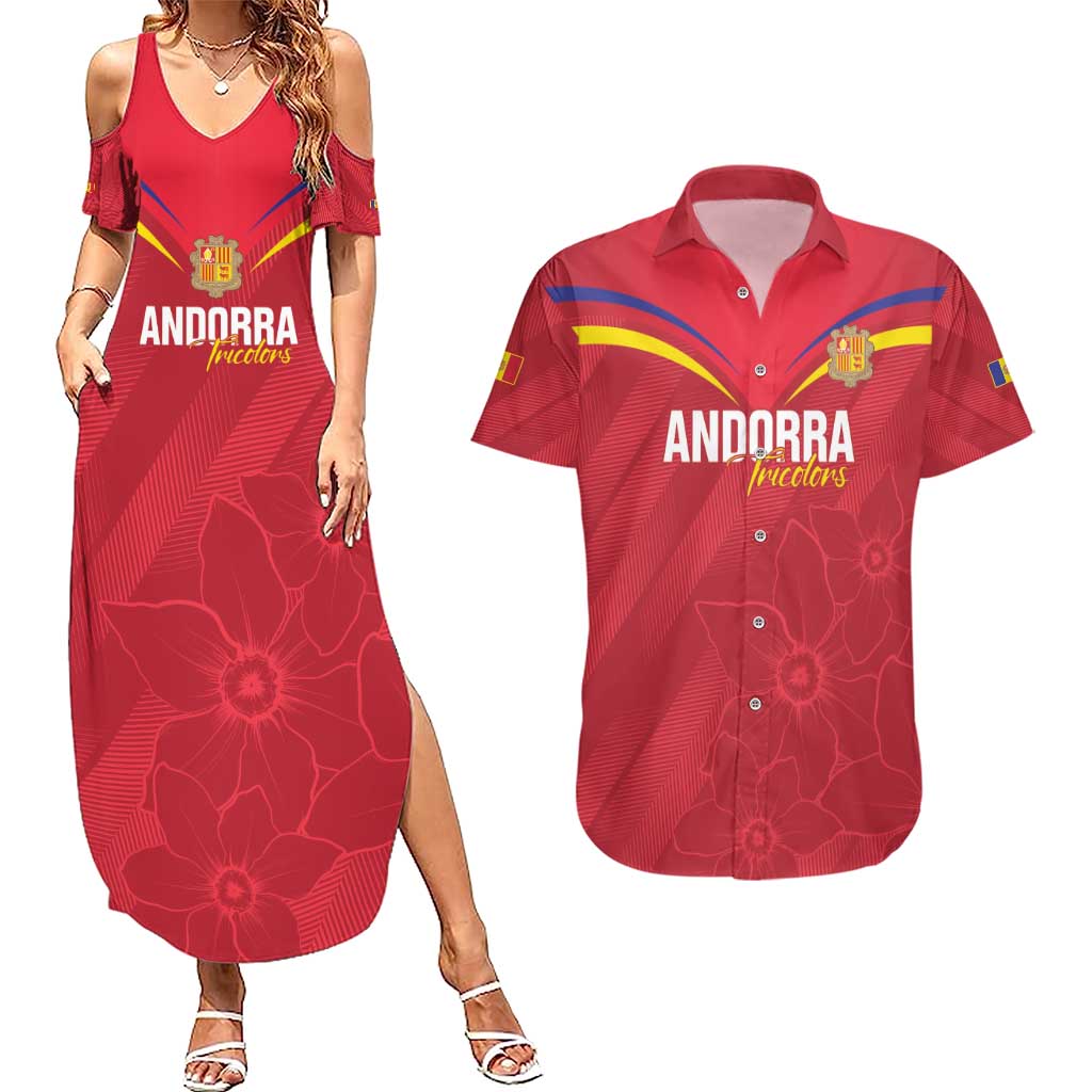 Custom Andorra Football Couples Matching Summer Maxi Dress and Hawaiian Shirt Come On Tricolors Poet's Narcissus