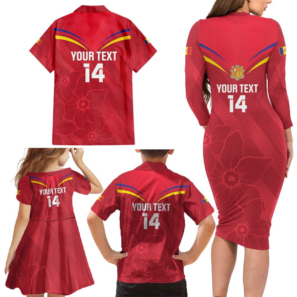 Custom Andorra Football Family Matching Long Sleeve Bodycon Dress and Hawaiian Shirt Come On Tricolors Poet's Narcissus