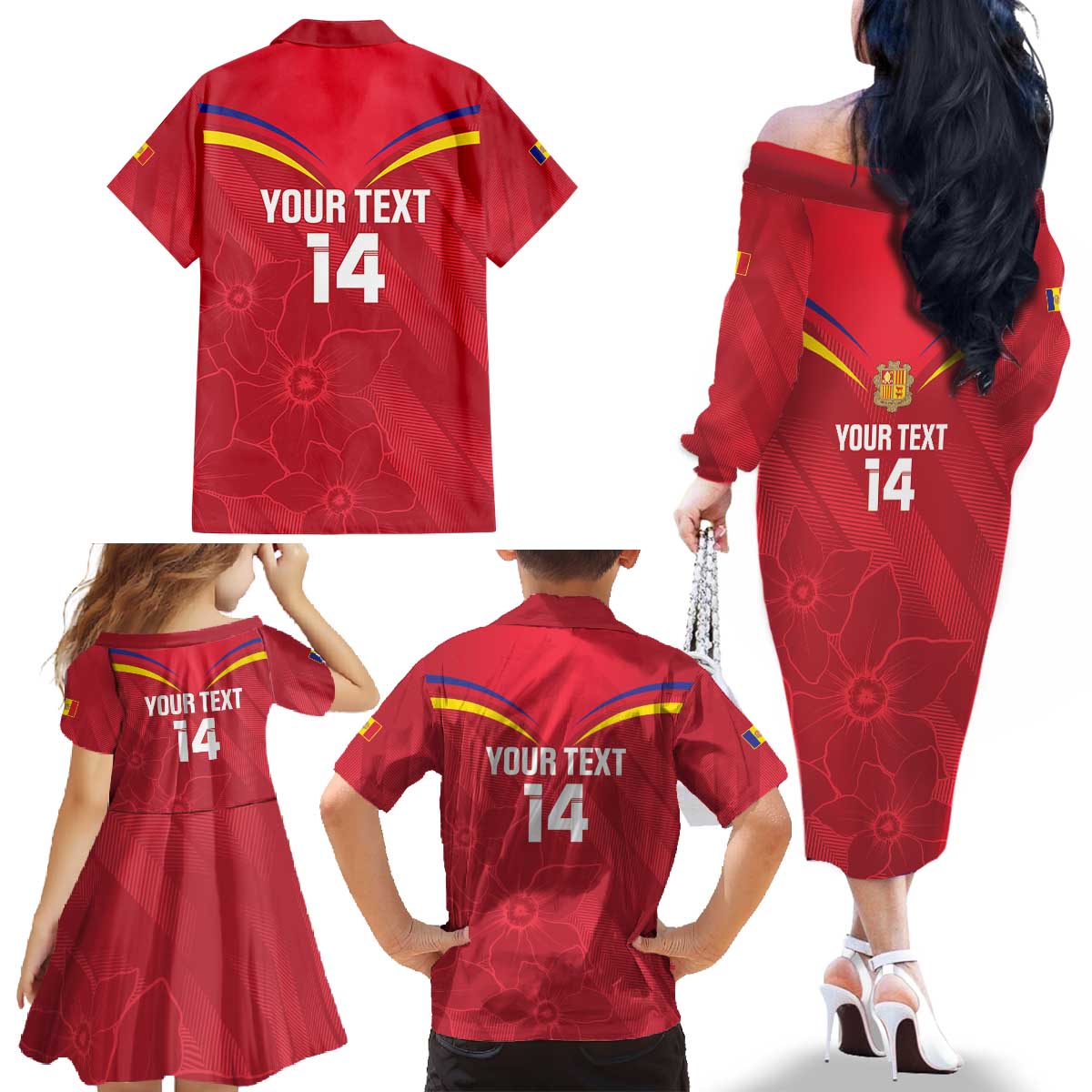 Custom Andorra Football Family Matching Off The Shoulder Long Sleeve Dress and Hawaiian Shirt Come On Tricolors Poet's Narcissus