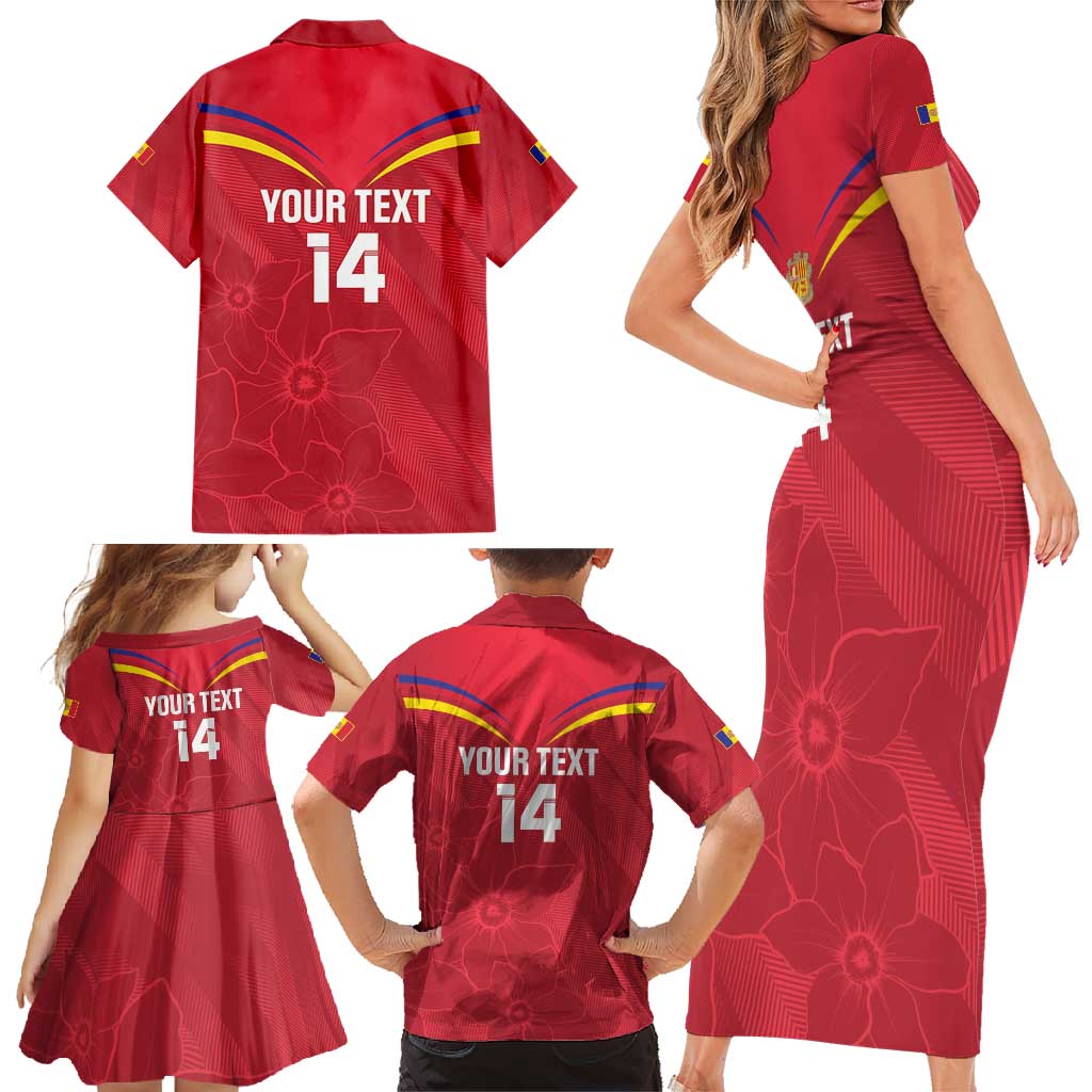Custom Andorra Football Family Matching Short Sleeve Bodycon Dress and Hawaiian Shirt Come On Tricolors Poet's Narcissus