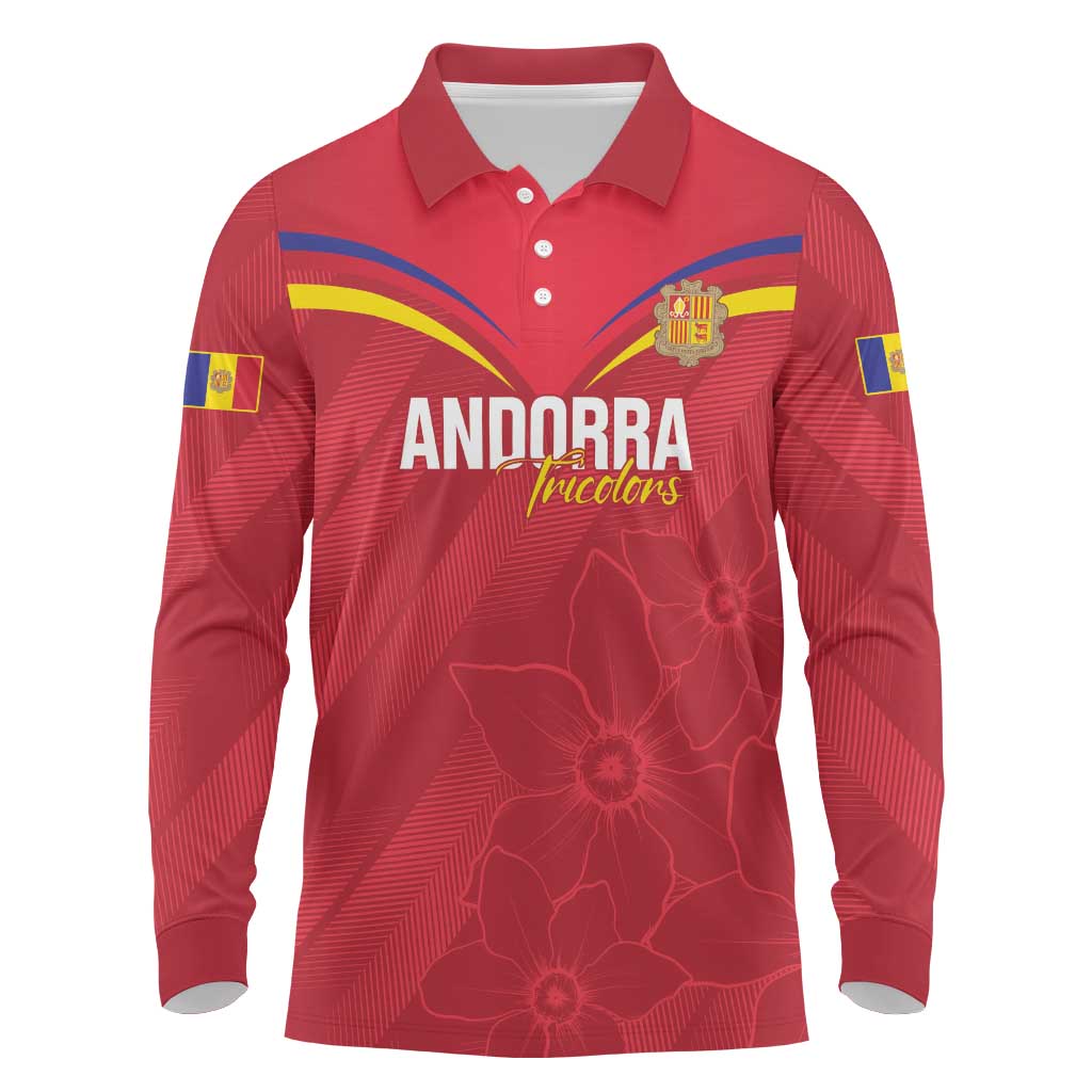 Custom Andorra Football Long Sleeve Polo Shirt Come On Tricolors Poet's Narcissus