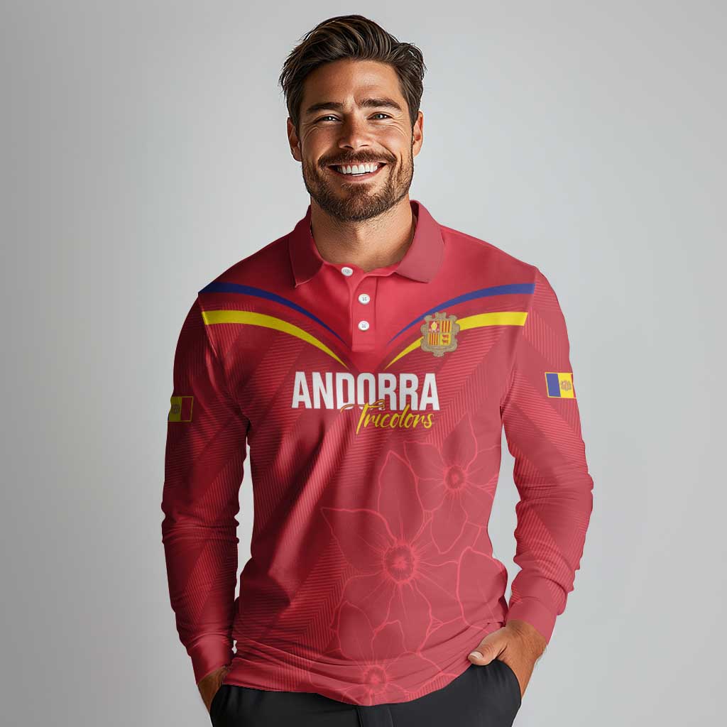 Custom Andorra Football Long Sleeve Polo Shirt Come On Tricolors Poet's Narcissus