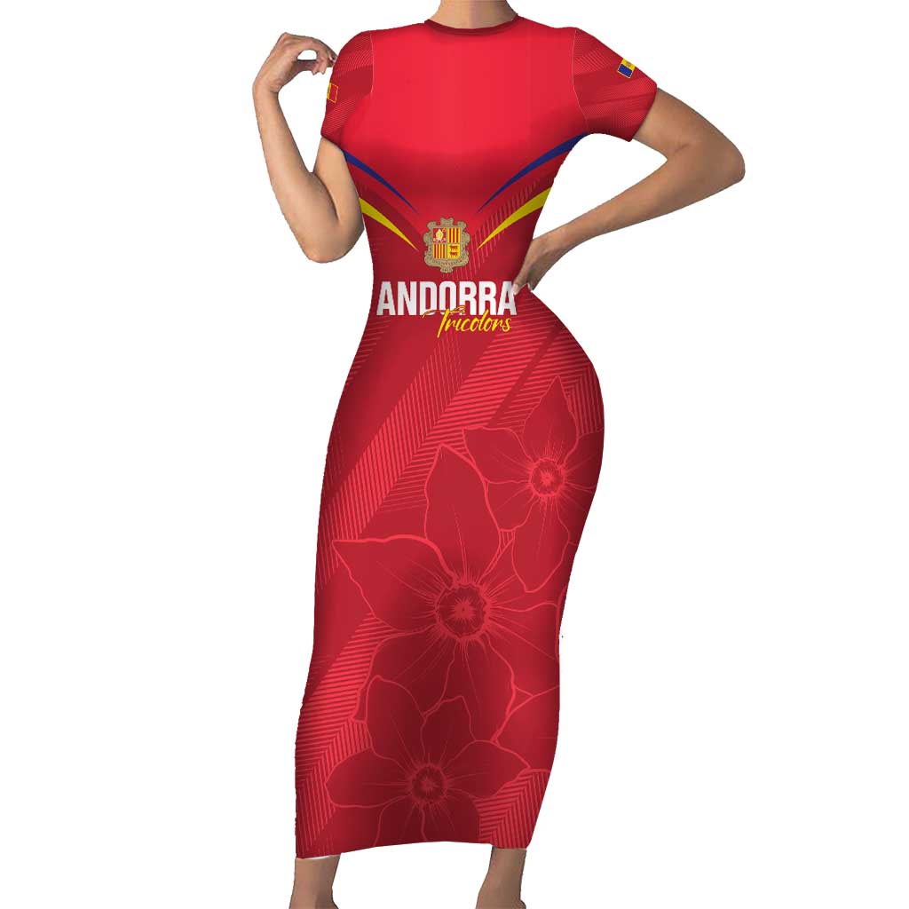 Custom Andorra Football Short Sleeve Bodycon Dress Come On Tricolors Poet's Narcissus