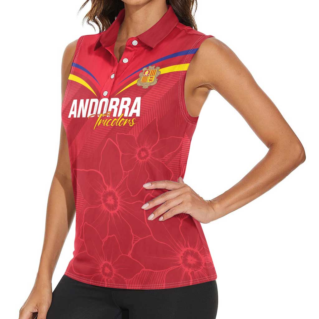 Custom Andorra Football Women Sleeveless Polo Shirt Come On Tricolors Poet's Narcissus