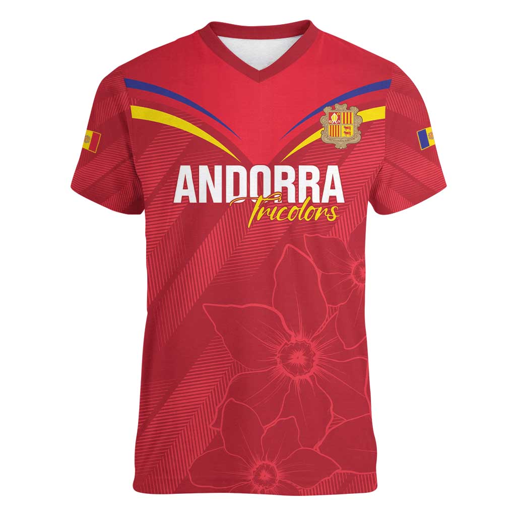 Custom Andorra Football Women V-Neck T-Shirt Come On Tricolors Poet's Narcissus