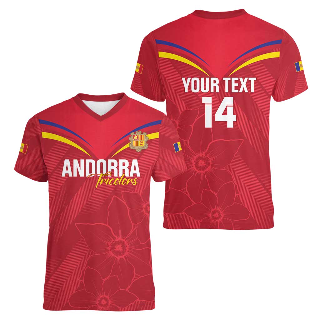 Custom Andorra Football Women V-Neck T-Shirt Come On Tricolors Poet's Narcissus