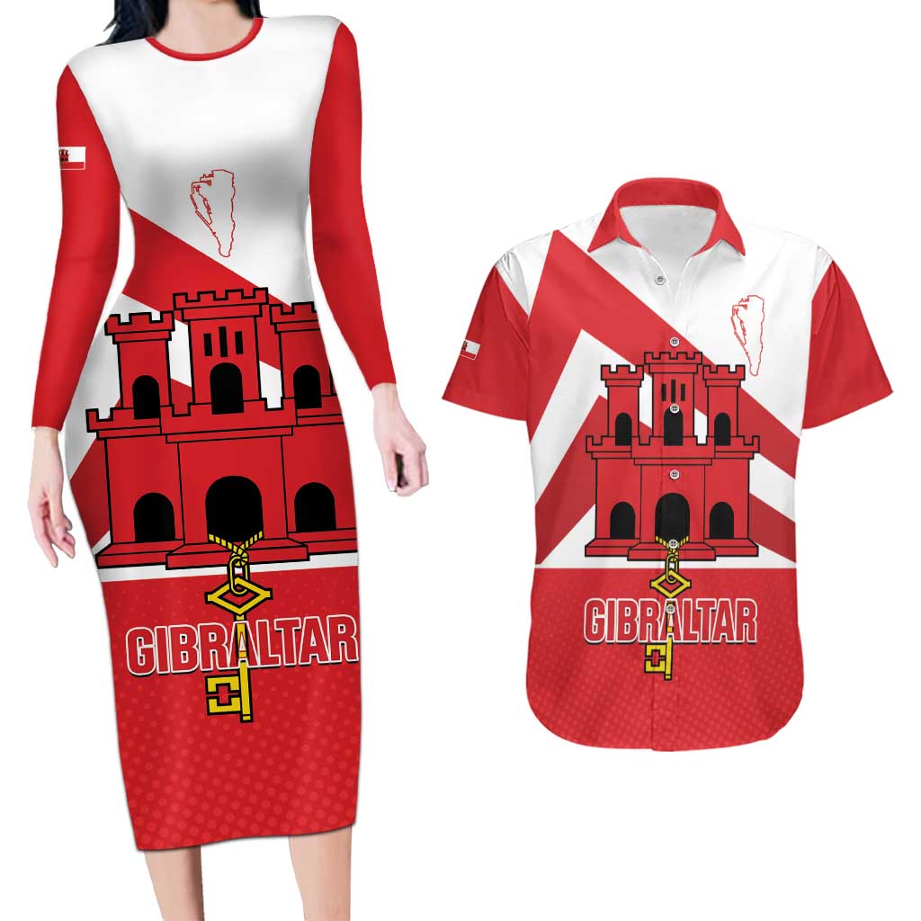 Custom Gibraltar Football Couples Matching Long Sleeve Bodycon Dress and Hawaiian Shirt Castle And Key Sporty Style