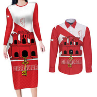 Custom Gibraltar Football Couples Matching Long Sleeve Bodycon Dress and Long Sleeve Button Shirt Castle And Key Sporty Style