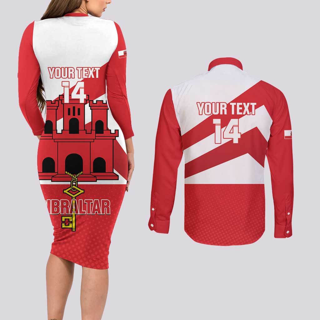 Custom Gibraltar Football Couples Matching Long Sleeve Bodycon Dress and Long Sleeve Button Shirt Castle And Key Sporty Style