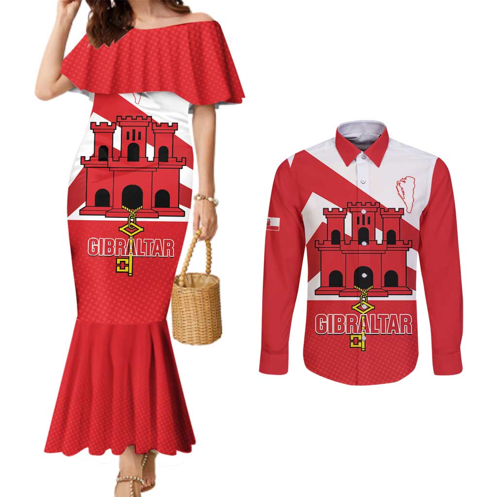 Custom Gibraltar Football Couples Matching Mermaid Dress and Long Sleeve Button Shirt Castle And Key Sporty Style