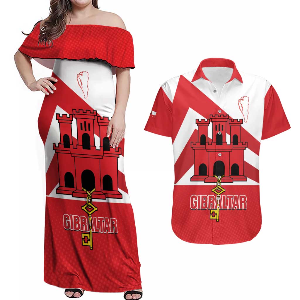 Custom Gibraltar Football Couples Matching Off Shoulder Maxi Dress and Hawaiian Shirt Castle And Key Sporty Style