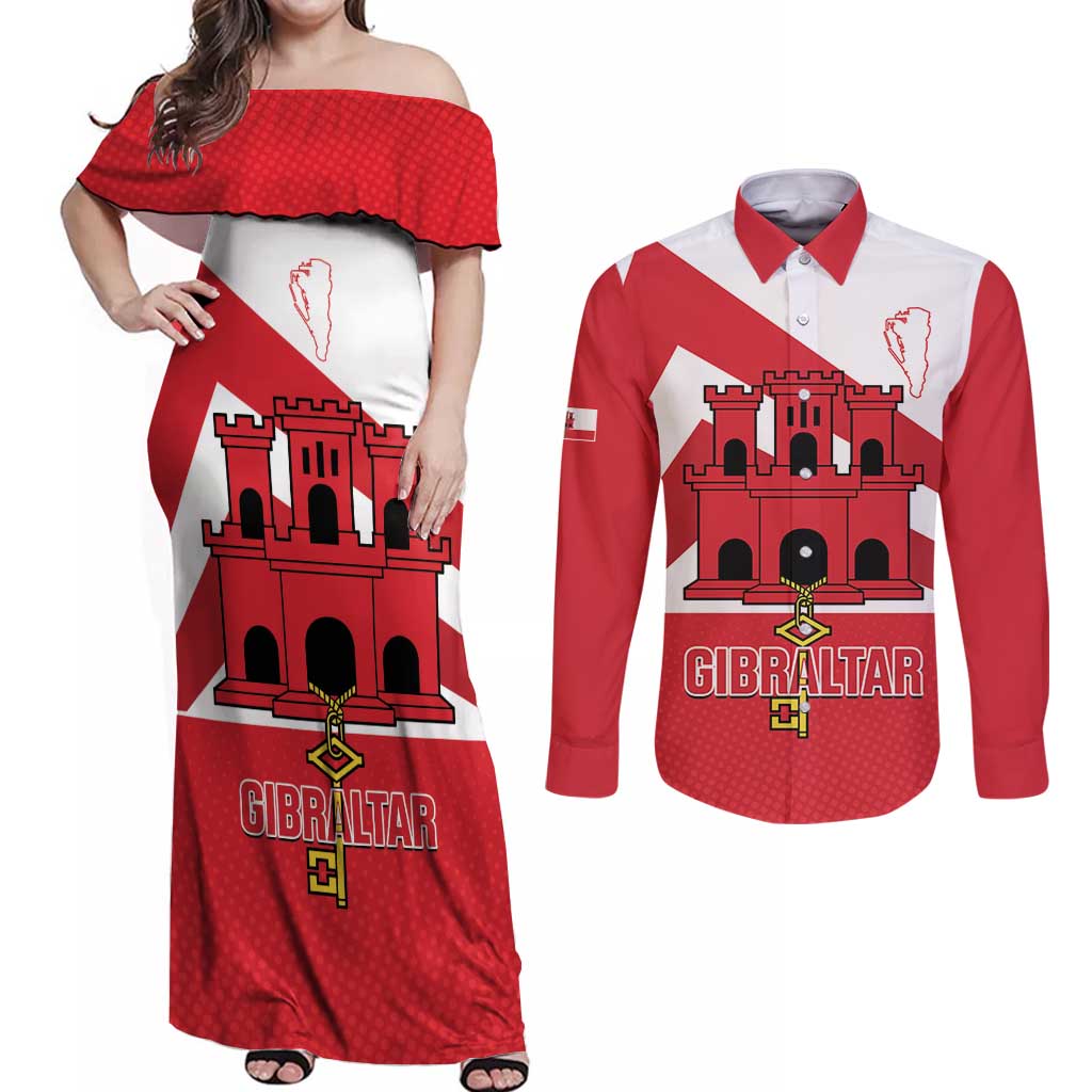 Custom Gibraltar Football Couples Matching Off Shoulder Maxi Dress and Long Sleeve Button Shirt Castle And Key Sporty Style