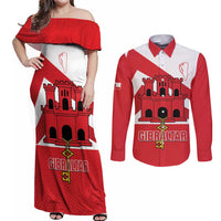 Custom Gibraltar Football Couples Matching Off Shoulder Maxi Dress and Long Sleeve Button Shirt Castle And Key Sporty Style
