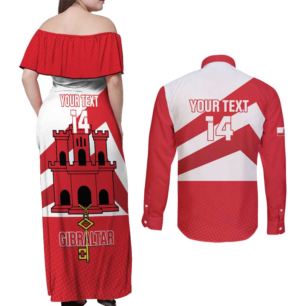 Custom Gibraltar Football Couples Matching Off Shoulder Maxi Dress and Long Sleeve Button Shirt Castle And Key Sporty Style