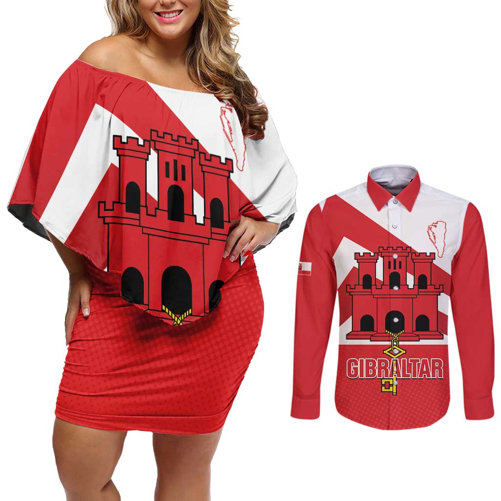 Custom Gibraltar Football Couples Matching Off Shoulder Short Dress and Long Sleeve Button Shirt Castle And Key Sporty Style