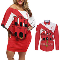 Custom Gibraltar Football Couples Matching Off Shoulder Short Dress and Long Sleeve Button Shirt Castle And Key Sporty Style
