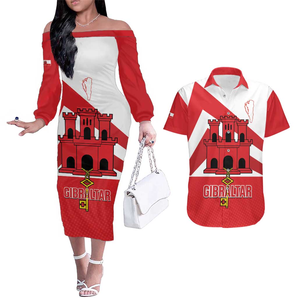 Custom Gibraltar Football Couples Matching Off The Shoulder Long Sleeve Dress and Hawaiian Shirt Castle And Key Sporty Style
