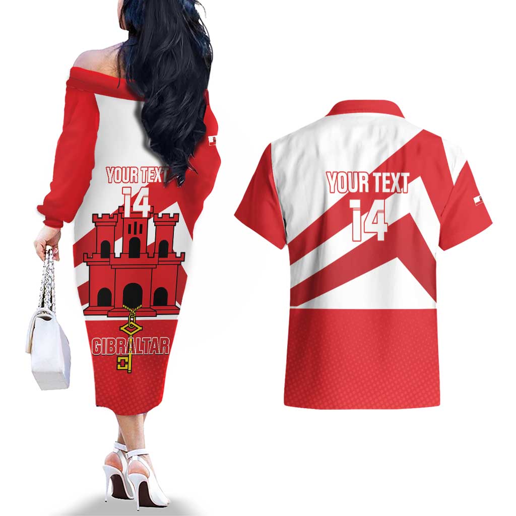 Custom Gibraltar Football Couples Matching Off The Shoulder Long Sleeve Dress and Hawaiian Shirt Castle And Key Sporty Style