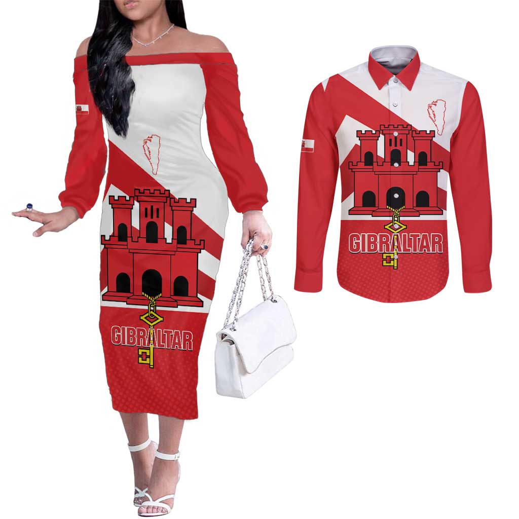 Custom Gibraltar Football Couples Matching Off The Shoulder Long Sleeve Dress and Long Sleeve Button Shirt Castle And Key Sporty Style