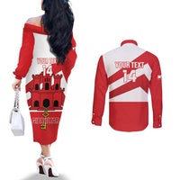 Custom Gibraltar Football Couples Matching Off The Shoulder Long Sleeve Dress and Long Sleeve Button Shirt Castle And Key Sporty Style