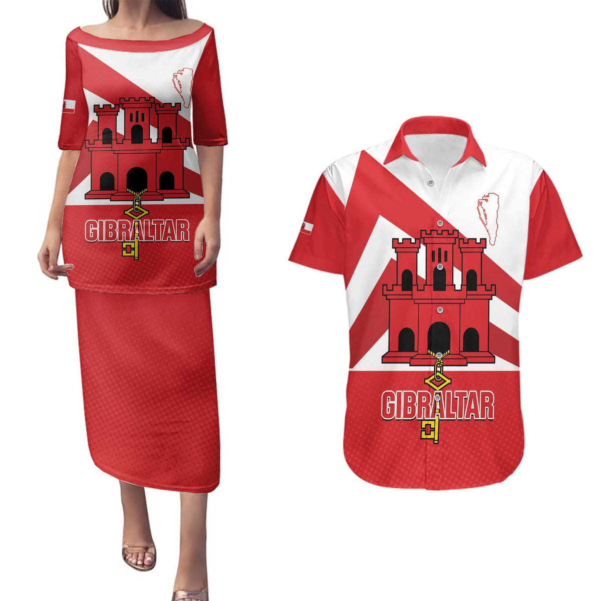 Custom Gibraltar Football Couples Matching Puletasi and Hawaiian Shirt Castle And Key Sporty Style