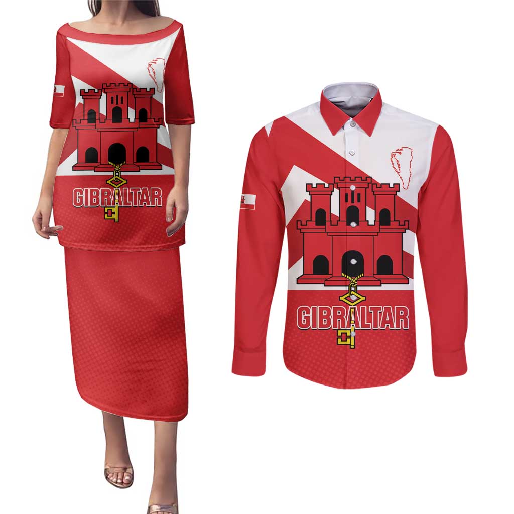 Custom Gibraltar Football Couples Matching Puletasi and Long Sleeve Button Shirt Castle And Key Sporty Style