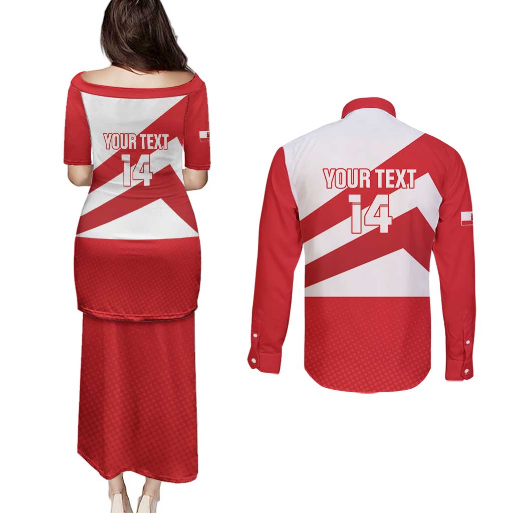 Custom Gibraltar Football Couples Matching Puletasi and Long Sleeve Button Shirt Castle And Key Sporty Style