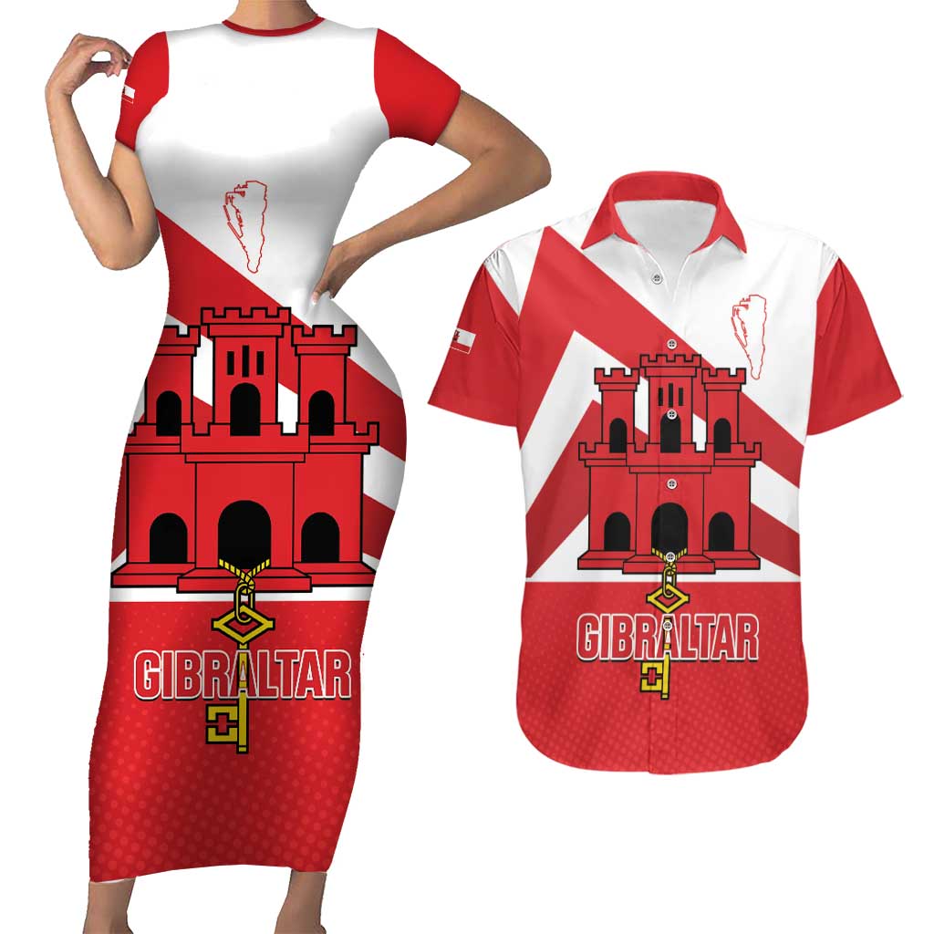 Custom Gibraltar Football Couples Matching Short Sleeve Bodycon Dress and Hawaiian Shirt Castle And Key Sporty Style