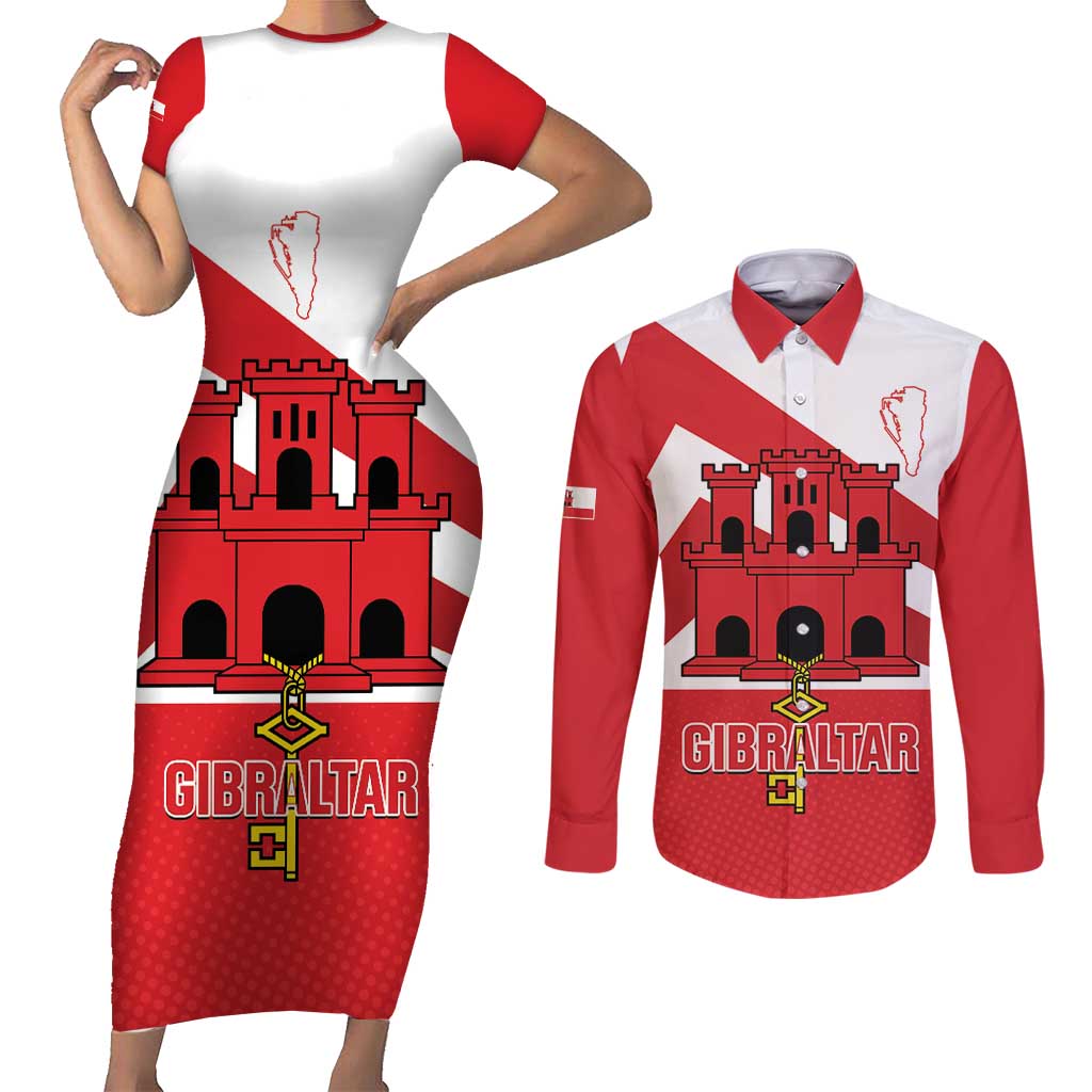 Custom Gibraltar Football Couples Matching Short Sleeve Bodycon Dress and Long Sleeve Button Shirt Castle And Key Sporty Style
