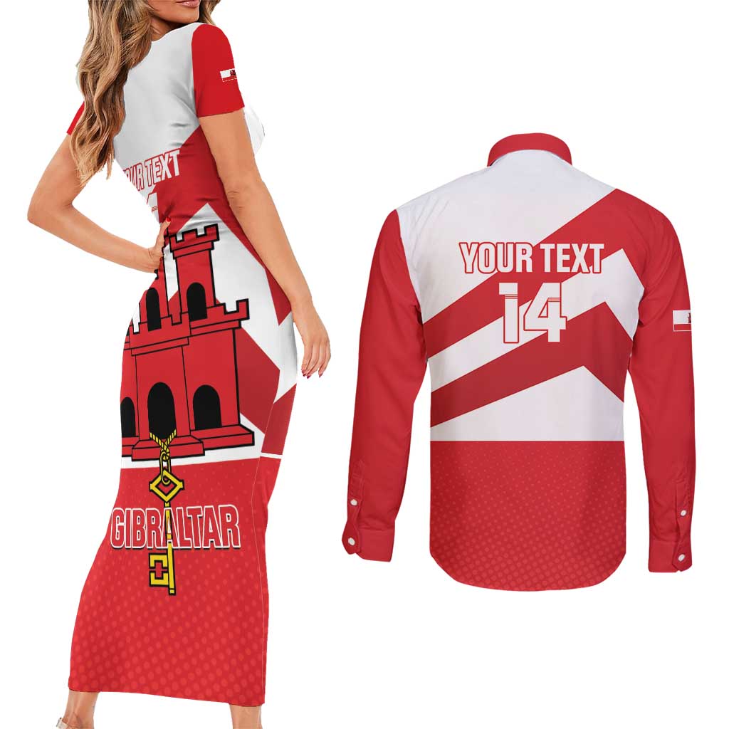 Custom Gibraltar Football Couples Matching Short Sleeve Bodycon Dress and Long Sleeve Button Shirt Castle And Key Sporty Style