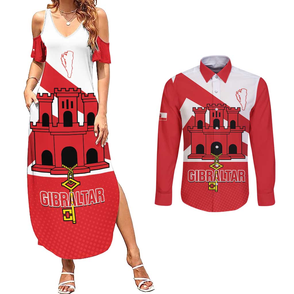 Custom Gibraltar Football Couples Matching Summer Maxi Dress and Long Sleeve Button Shirt Castle And Key Sporty Style