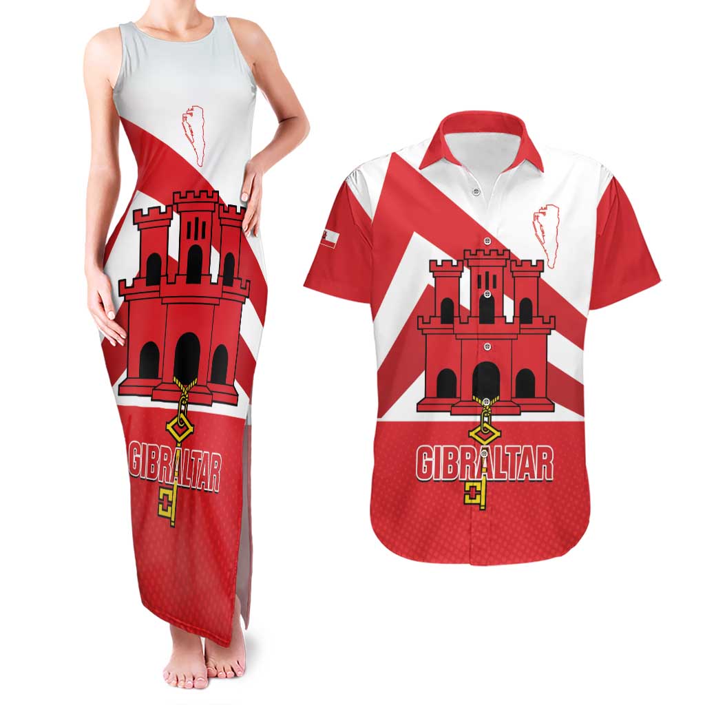 Custom Gibraltar Football Couples Matching Tank Maxi Dress and Hawaiian Shirt Castle And Key Sporty Style