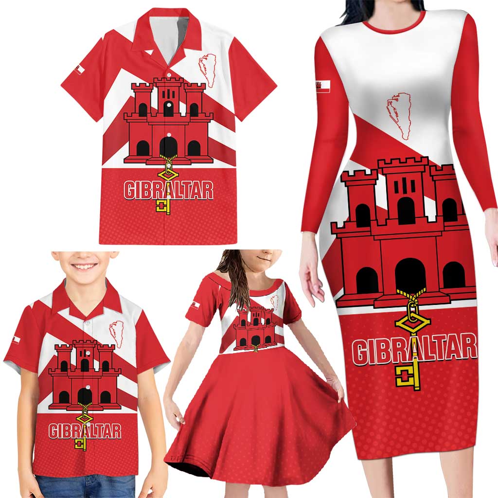 Custom Gibraltar Football Family Matching Long Sleeve Bodycon Dress and Hawaiian Shirt Castle And Key Sporty Style