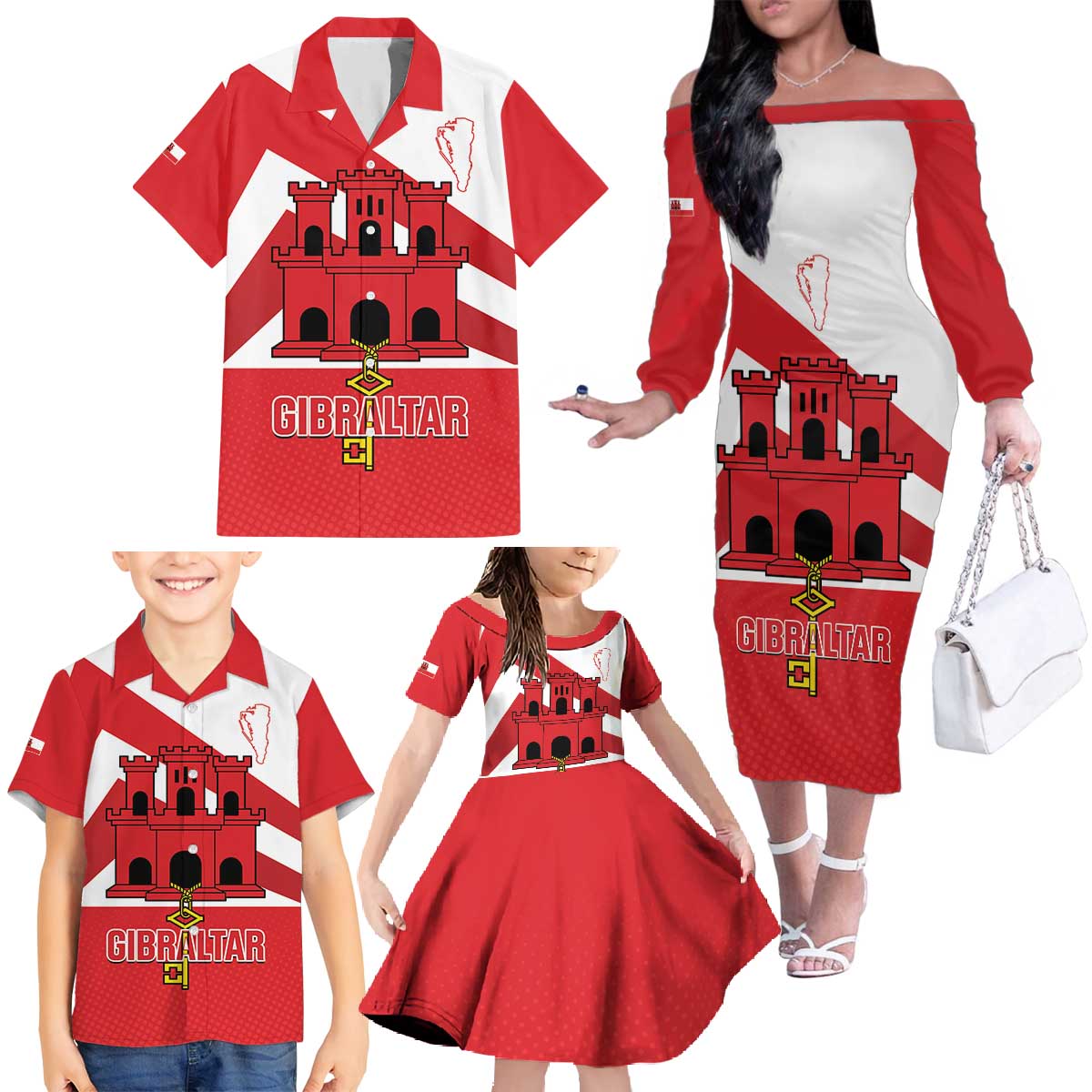 Custom Gibraltar Football Family Matching Off The Shoulder Long Sleeve Dress and Hawaiian Shirt Castle And Key Sporty Style
