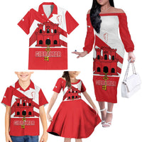 Custom Gibraltar Football Family Matching Off The Shoulder Long Sleeve Dress and Hawaiian Shirt Castle And Key Sporty Style